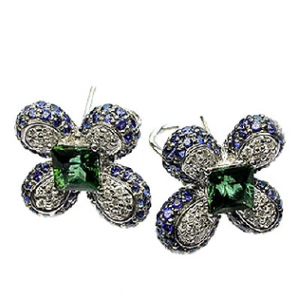My green tourmaline, sapphire and diamond floral button earrings in 18k gold. $1,316